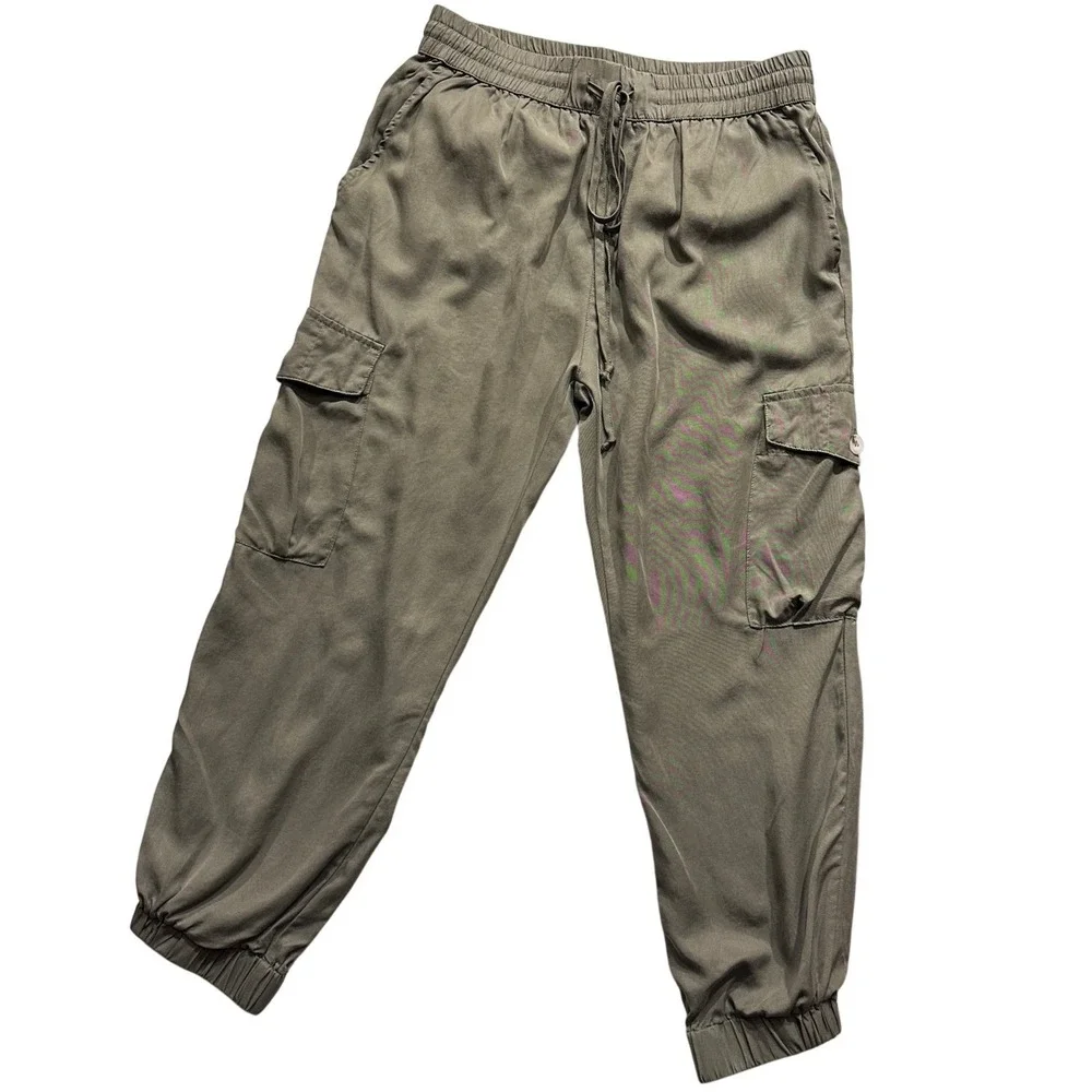 Blue Velvet Cargo Jogger Pants Women Large Olive Green Elastic Waist Drawstring